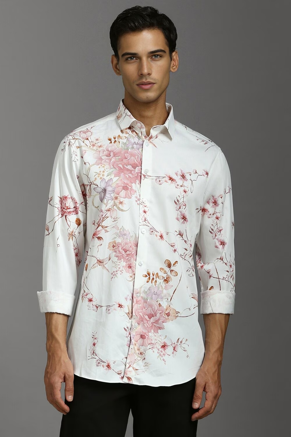 Men White Slim Fit Print Full Sleeves Casual Shirt-White