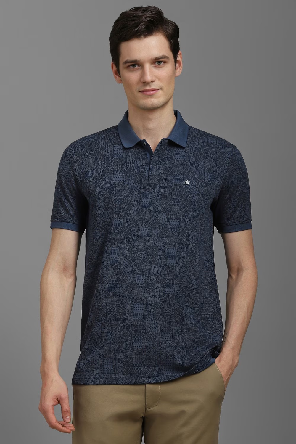 Men Navy Print Polo Neck T-shirt-Navy