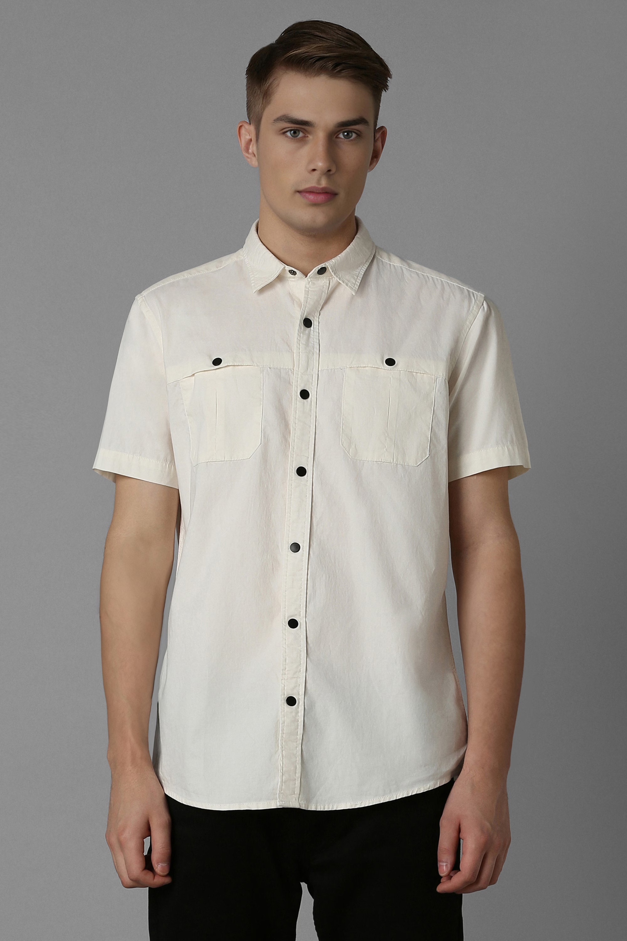 Men Cream Slim Fit Solid Half Sleeves Casual Shirt-Cream