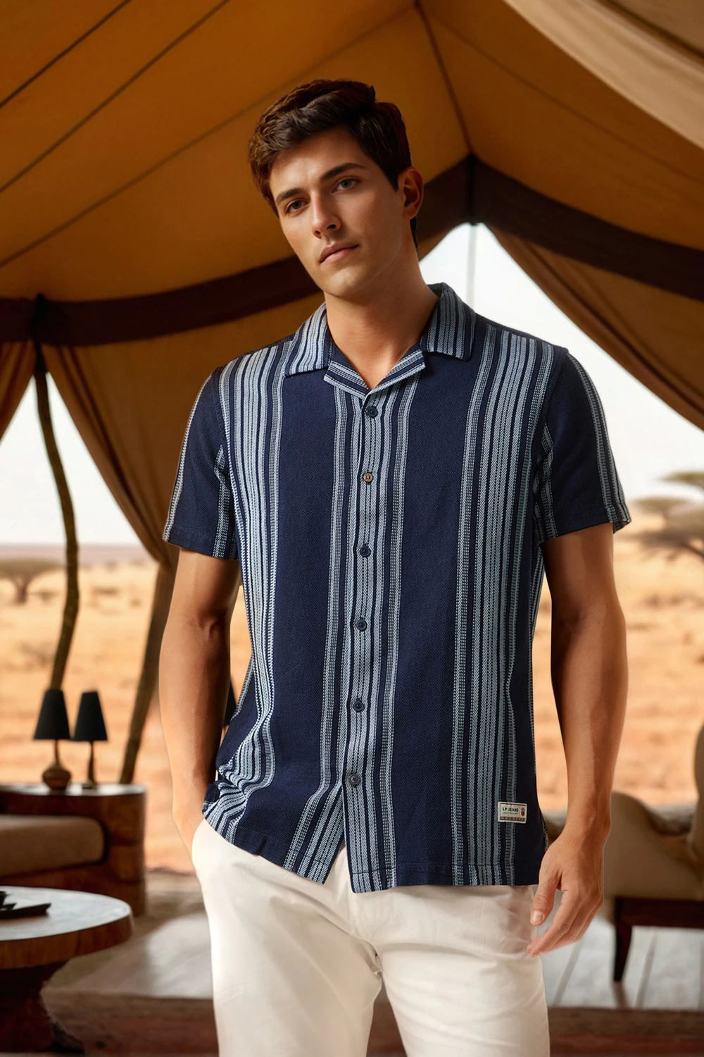 Men Navy Slim Fit Stripe Half Sleeves Casual Shirt-Navy