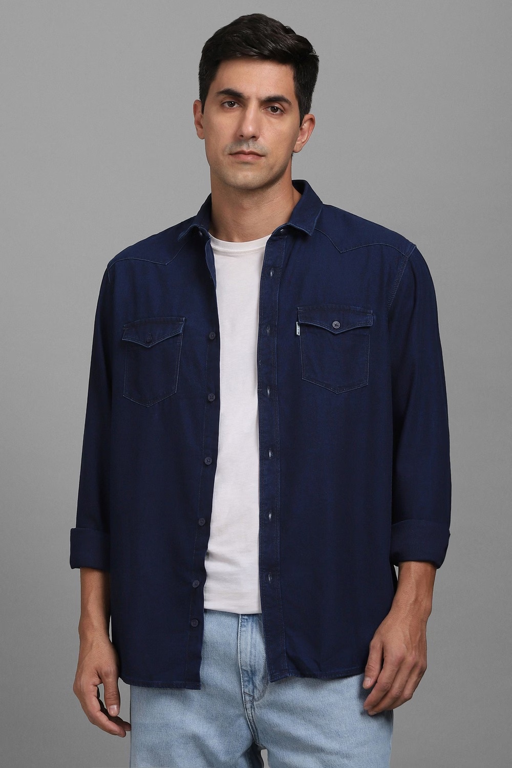 Men Navy Slim Fit Solid Full Sleeves Casual Shirt-Navy