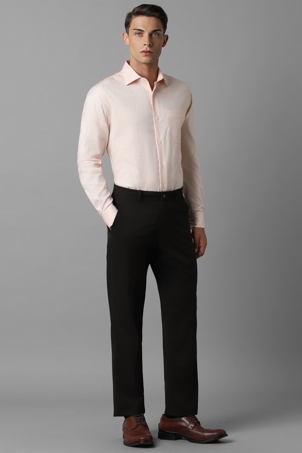 Men Peach Classic Fit Textured Full Sleeves Formal Shirt-Peach