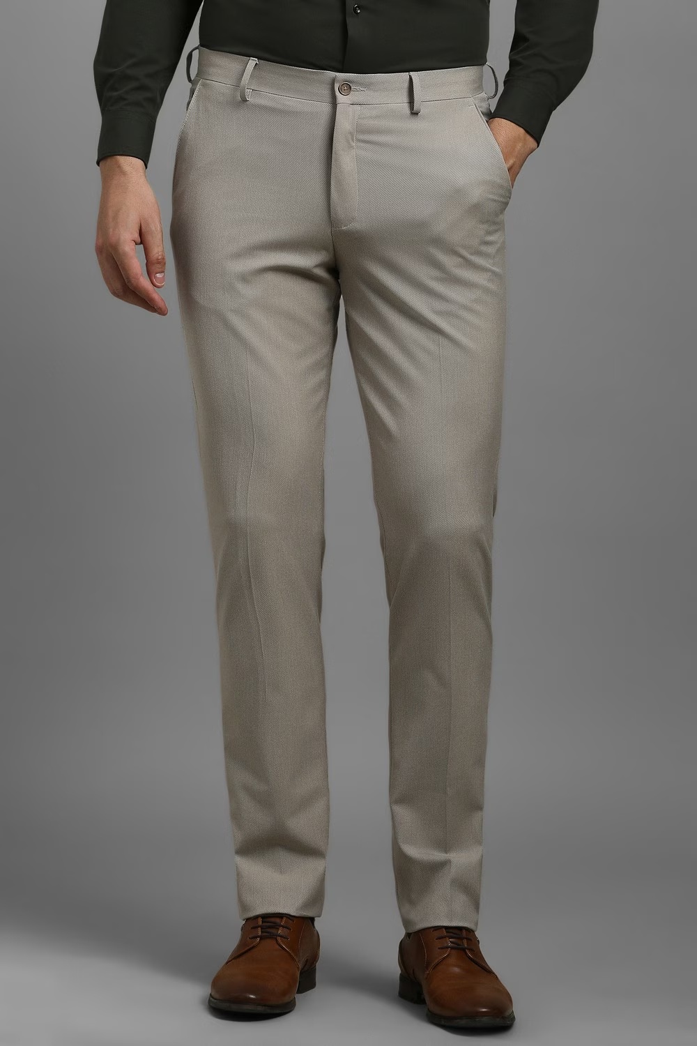 Men Beige Textured Flat Front Formal Trousers-Beige
