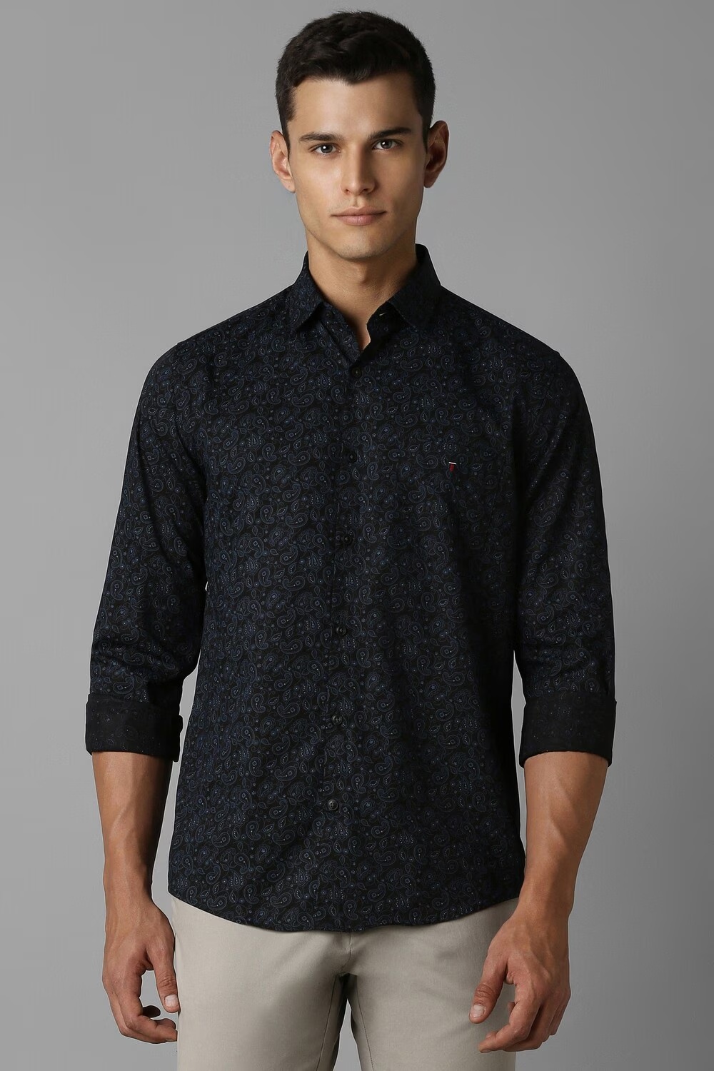 Men Black Slim Fit Print Full Sleeves Casual Shirt-Black