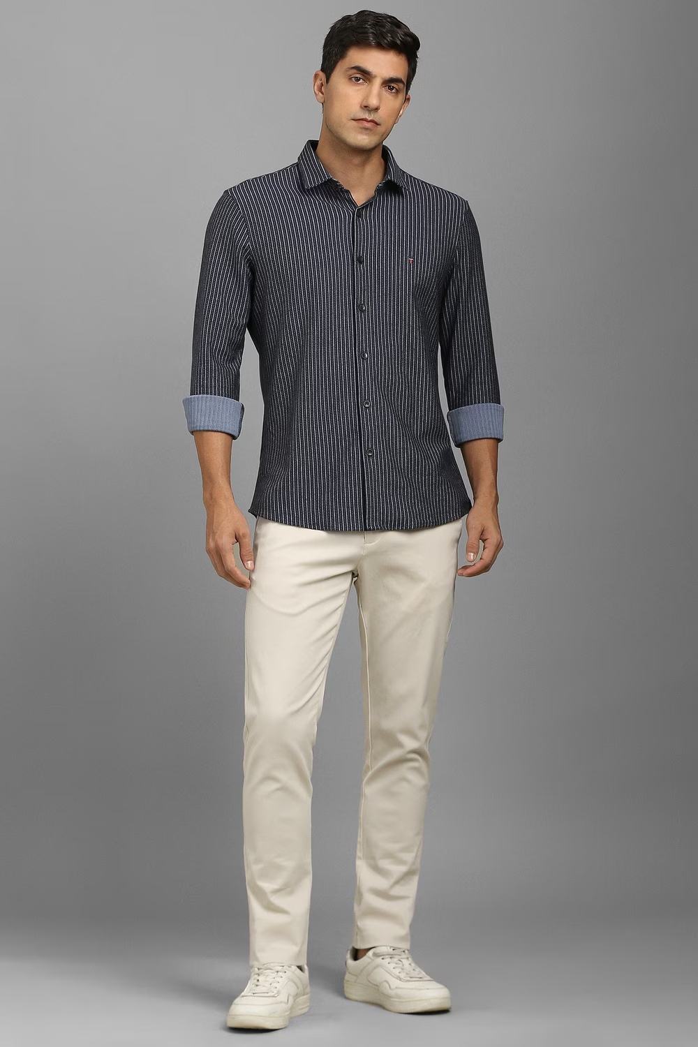 Men White Solid Flat Front Casual Trousers-White