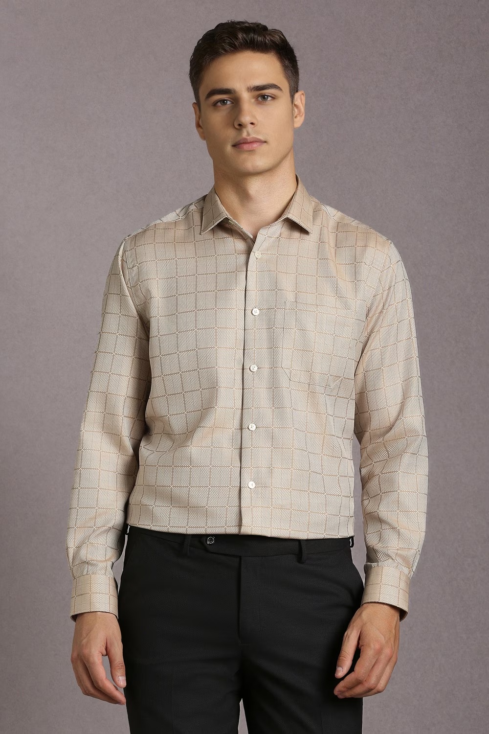 Men Beige Check Full Sleeves Formal Shirt-Beige