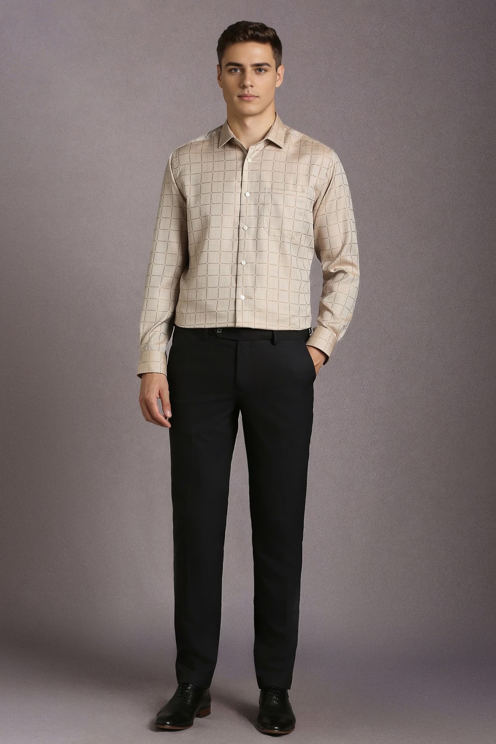 Men Beige Check Full Sleeves Formal Shirt-Beige