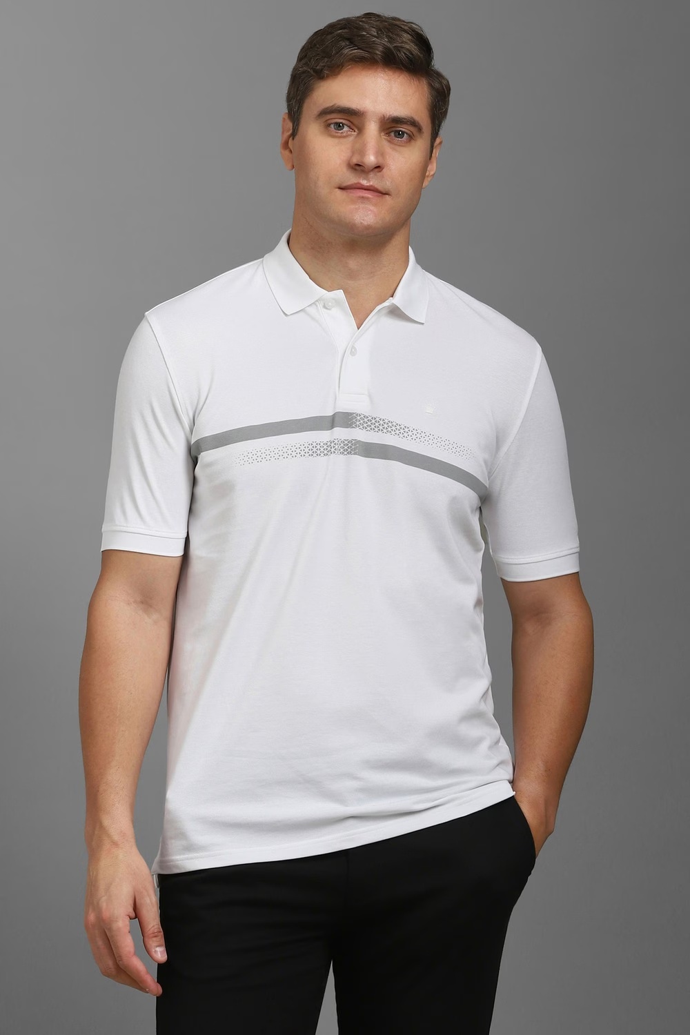 Men White Patterned Polo Neck T-shirt-White