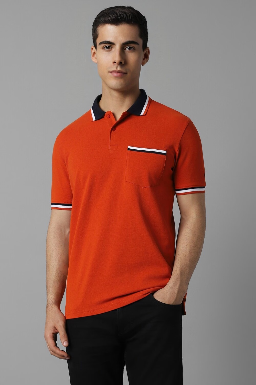 Men Orange Textured Polo Neck T-shirt-Orange