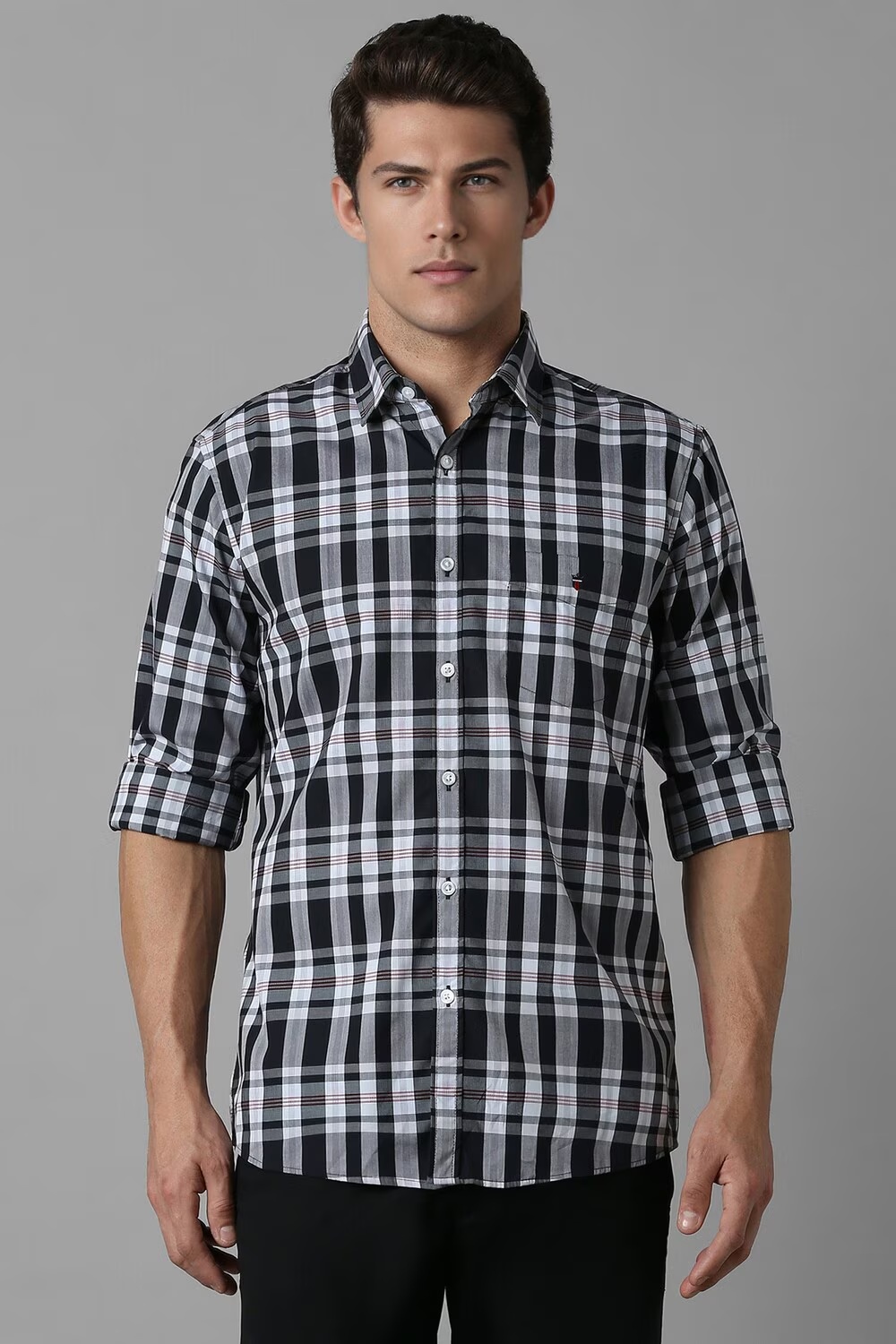 Men Black Slim Fit Check Full Sleeves Casual Shirt-Black