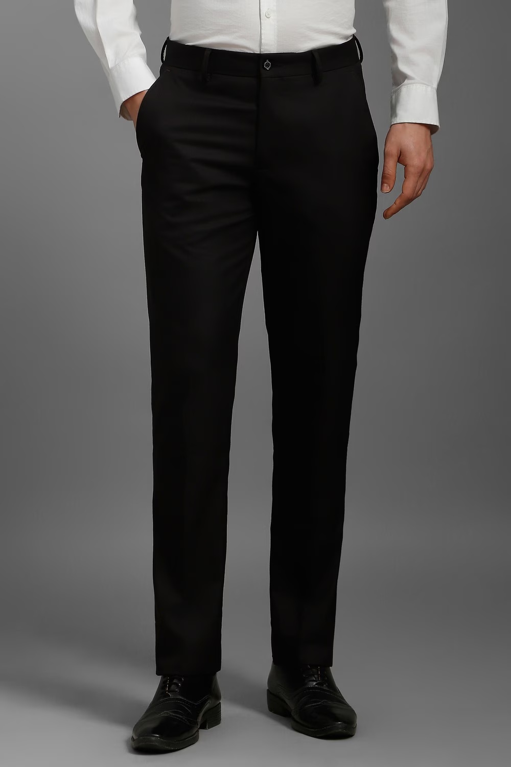 Men Black Slim Fit Textured Flat Front Formal Trousers-Black