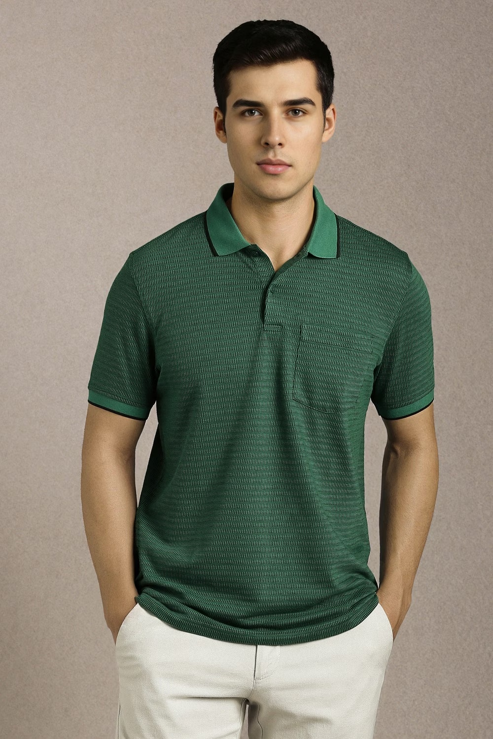 Men Green Textured Polo Neck T-shirt-Green