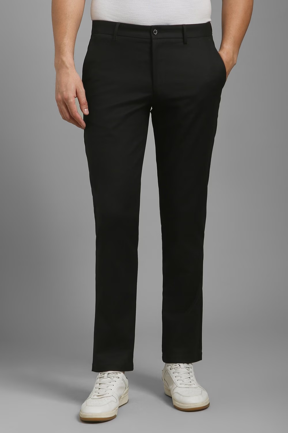 Men Black Solid Flat Front Formal Trousers-Black