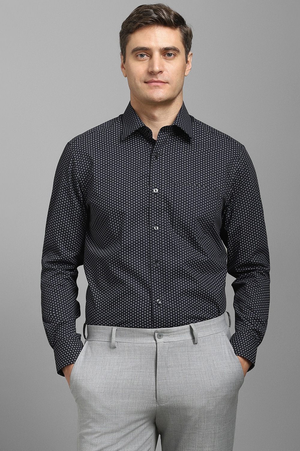 Men Black Print Full Sleeves Formal Shirt-Black
