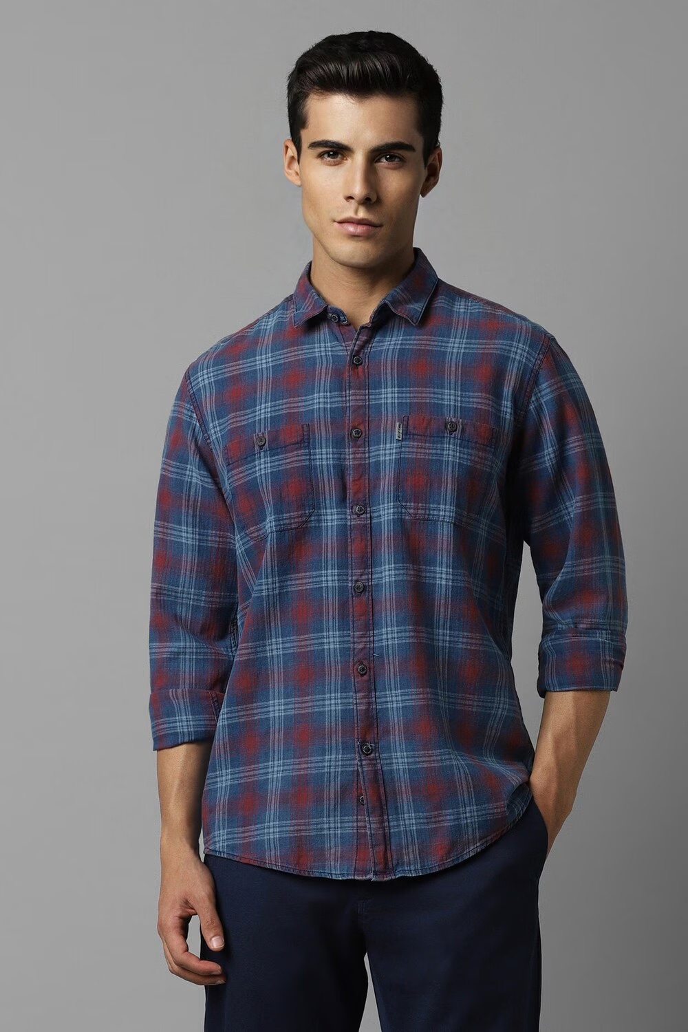 Men Blue Slim Fit Check Full Sleeves Casual Shirt-Blue