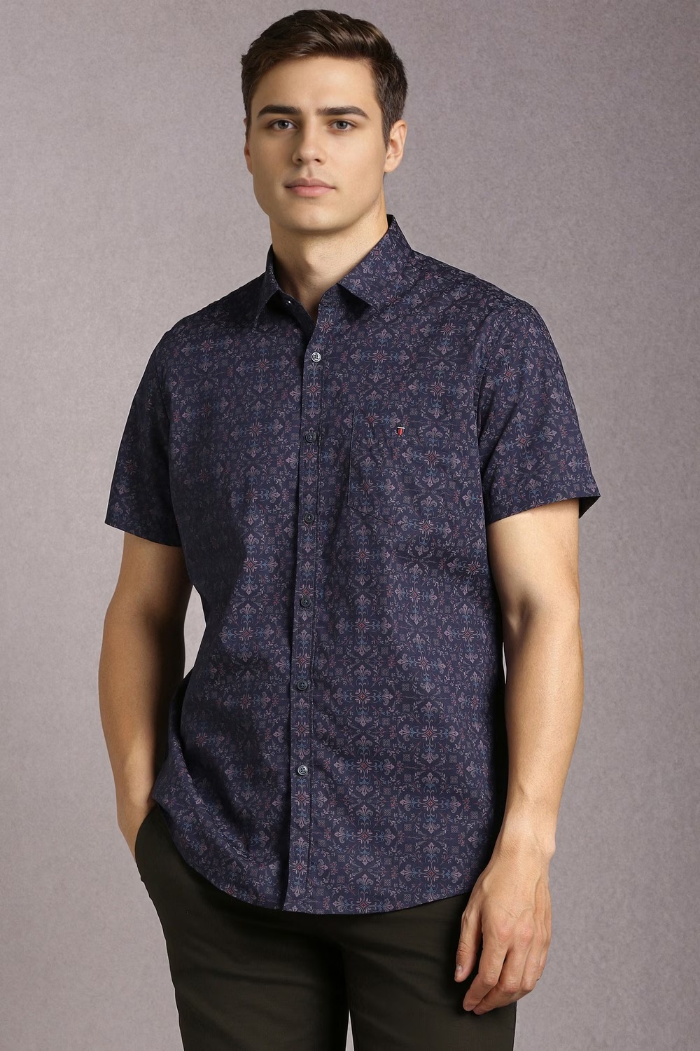 Men Navy Print Half Sleeves Casual Shirt-Navy