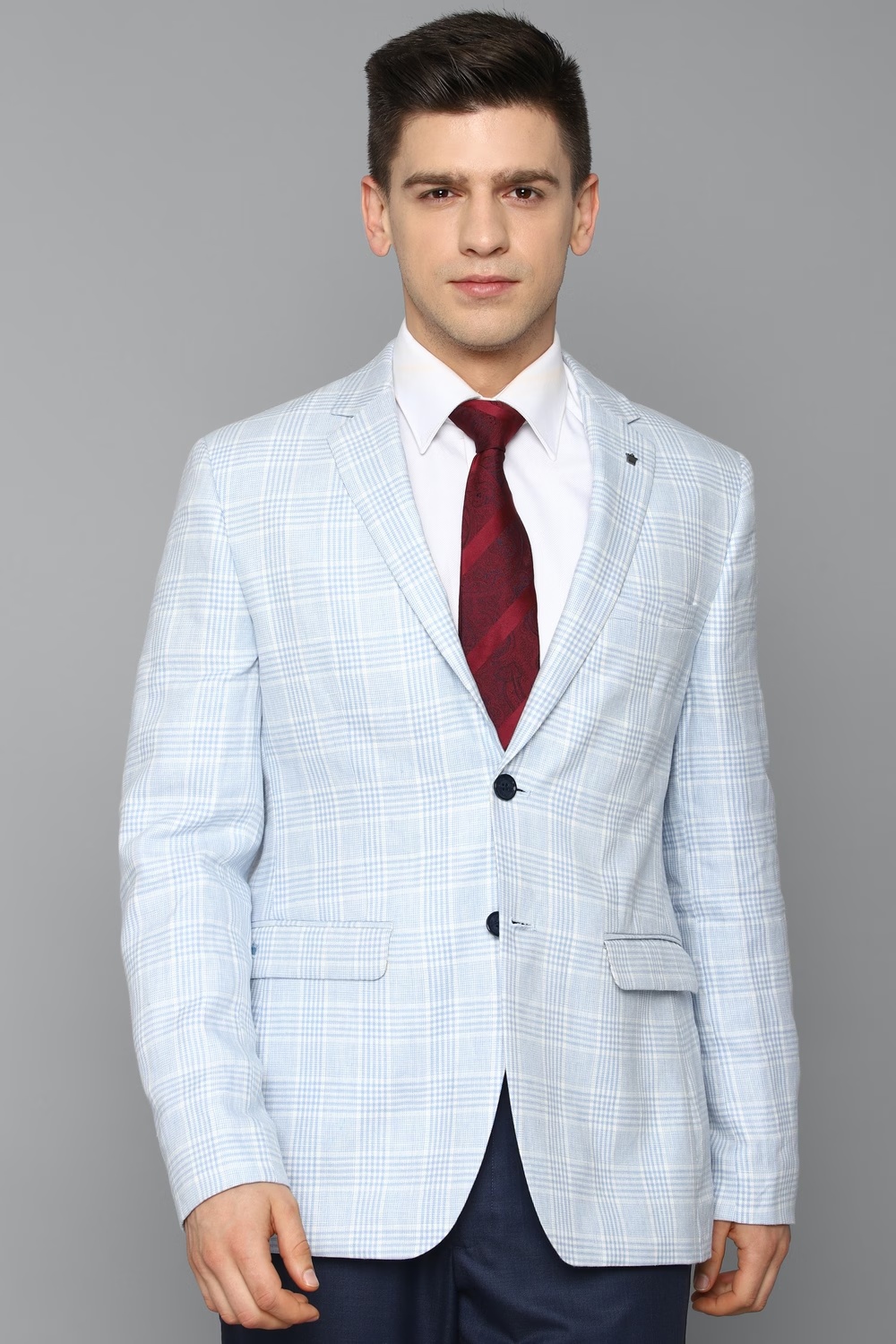 Men Blue Slim Fit Check Formal Blazer-Blue