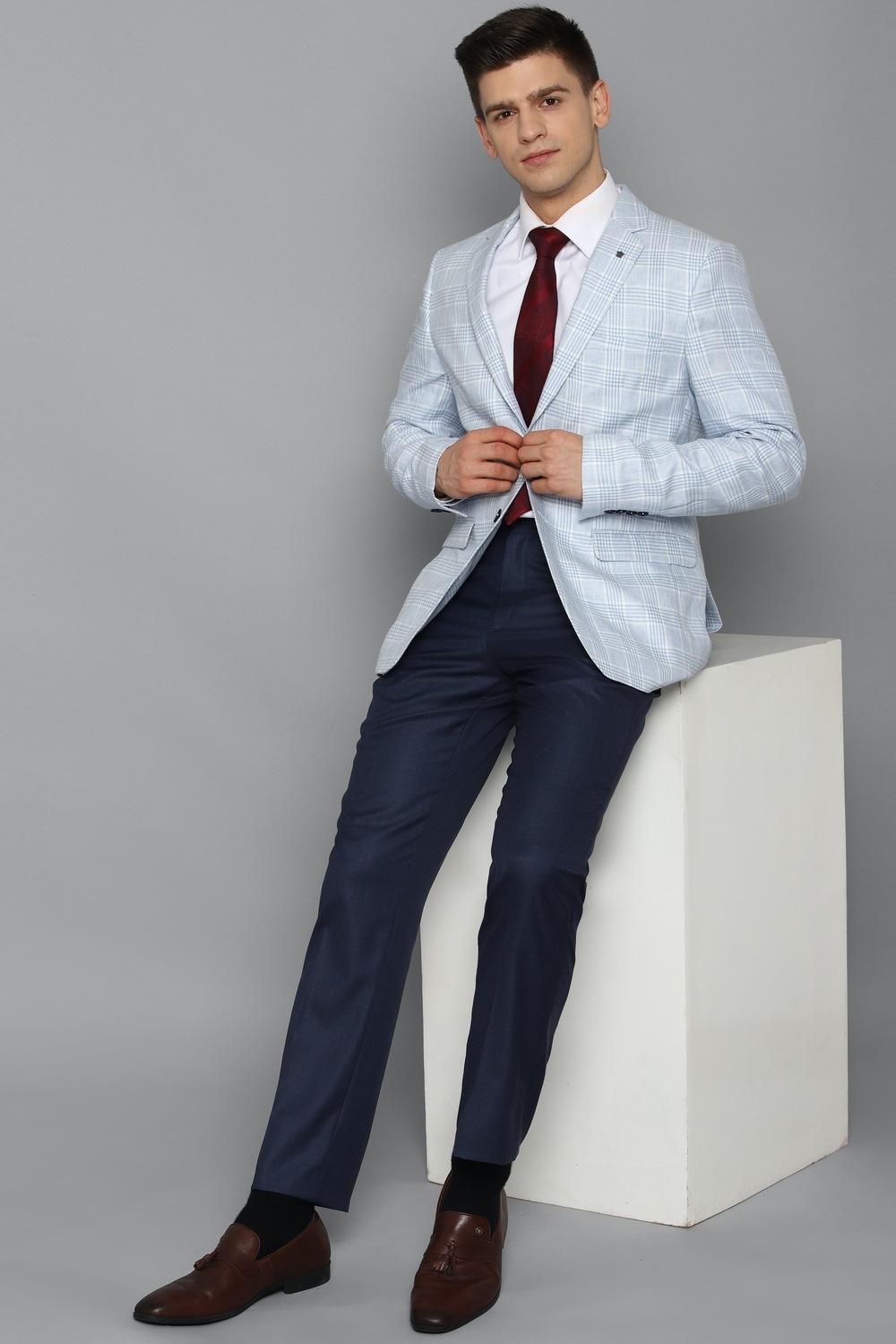 Men Blue Slim Fit Check Formal Blazer-Blue
