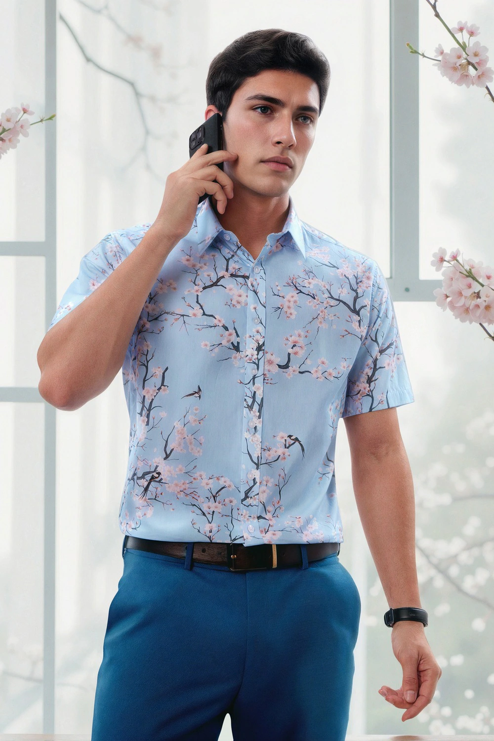 Men Blue Slim Fit Print Half Sleeves Formal Shirt-Blue