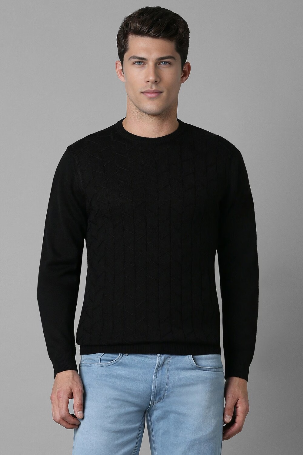 Men Black Patterned Crew Neck Full Sleeves Sweater-Black