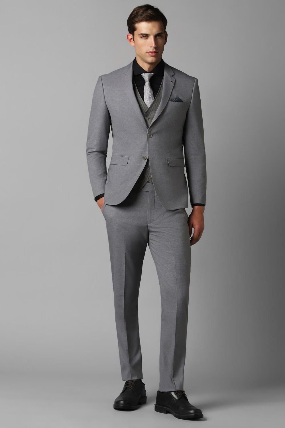 Men Grey Slim Fit Check Formal Three Piece Suit-Grey