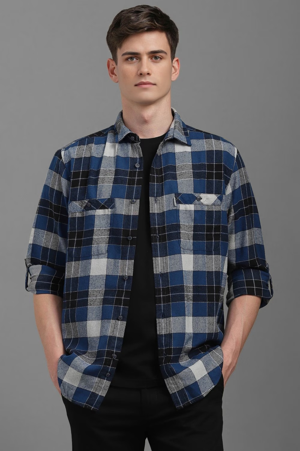 Men Blue Slim Fit Check Full Sleeves Casual Shirt-Blue