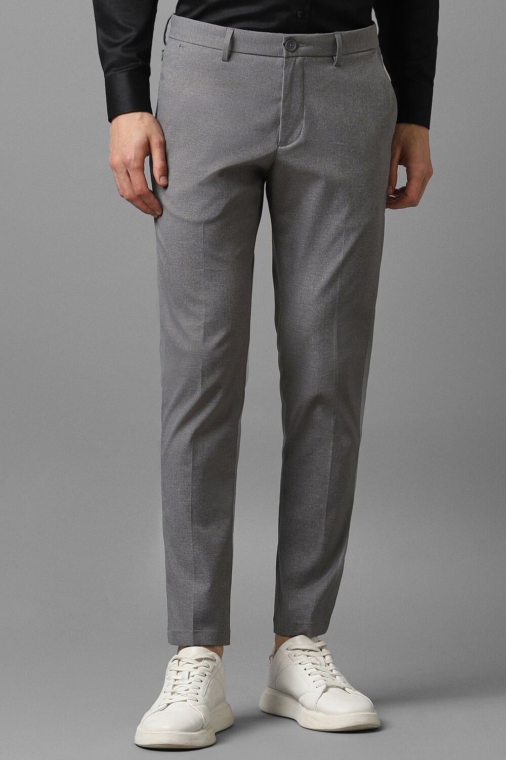 Men Grey Contemporary Fit Textured Flat Front Casual Trousers-Grey