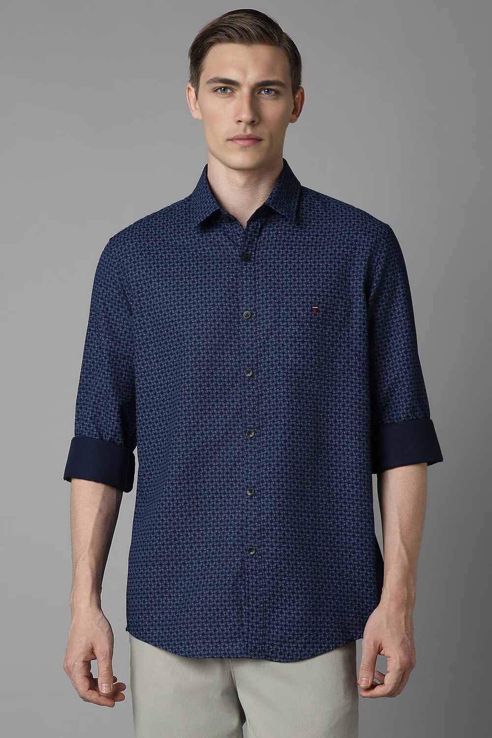 Men Navy Slim Fit Print Full Sleeves Casual Shirt-Navy