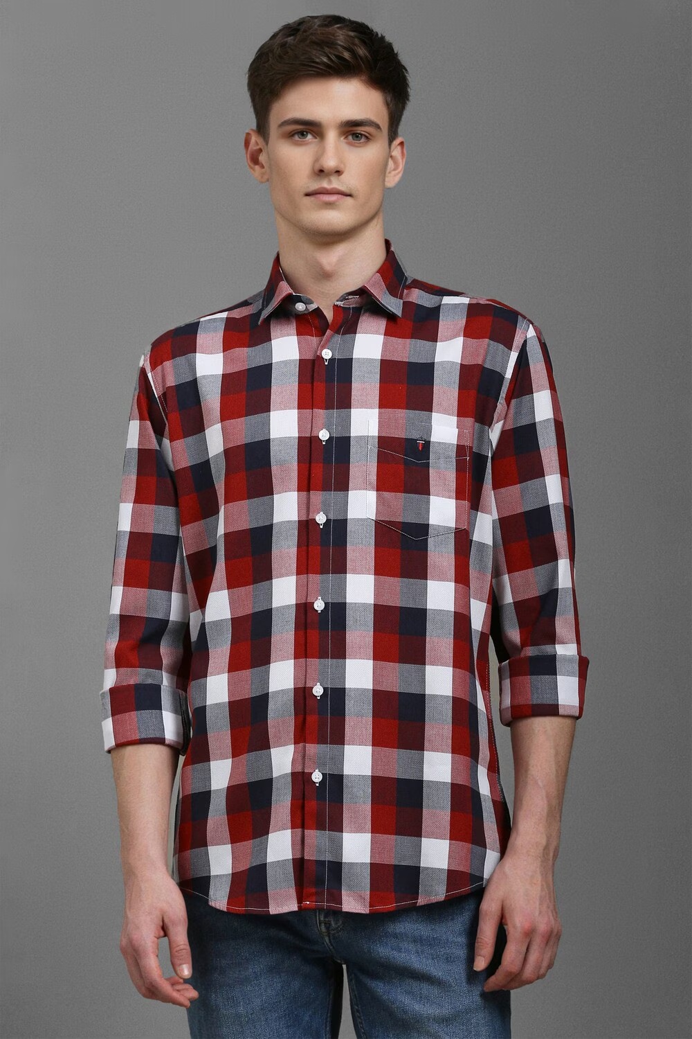 Men Red Slim Fit Check Full Sleeves Casual Shirt-Red
