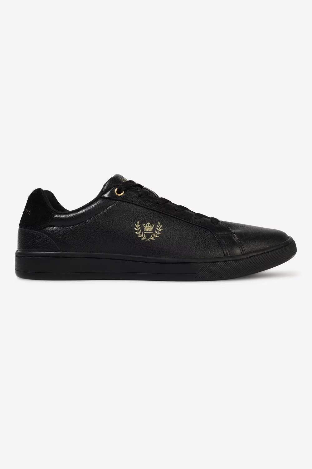 Men Black Leather Sneakers with Gold Crest Embroidery-Black