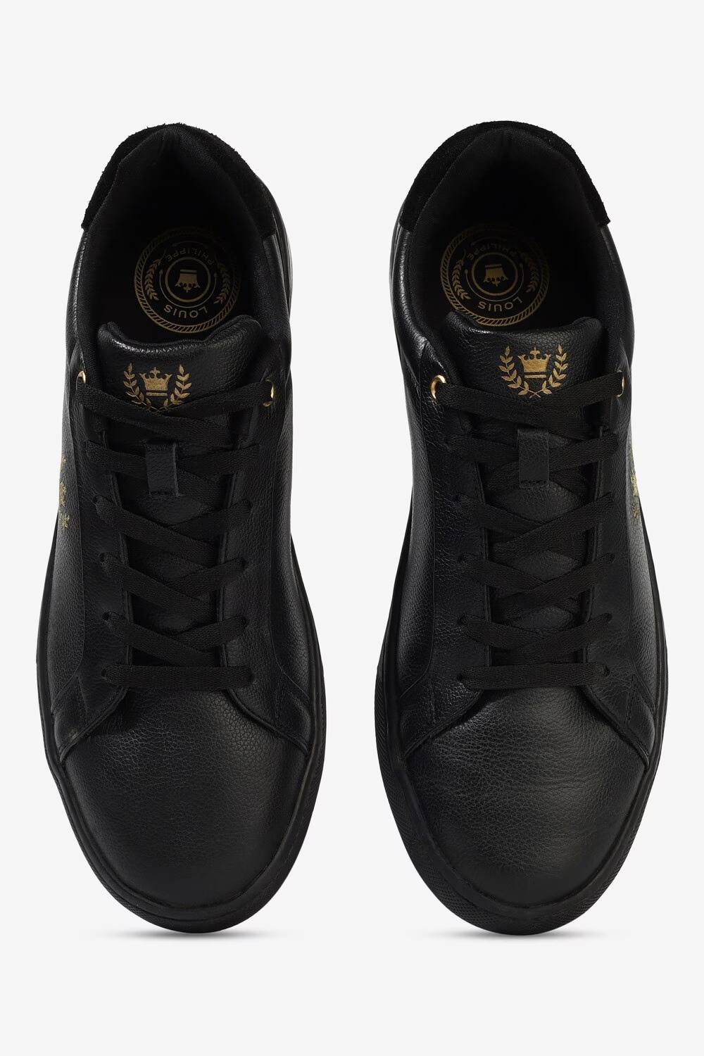 Men Black Leather Sneakers with Gold Crest Embroidery-Black