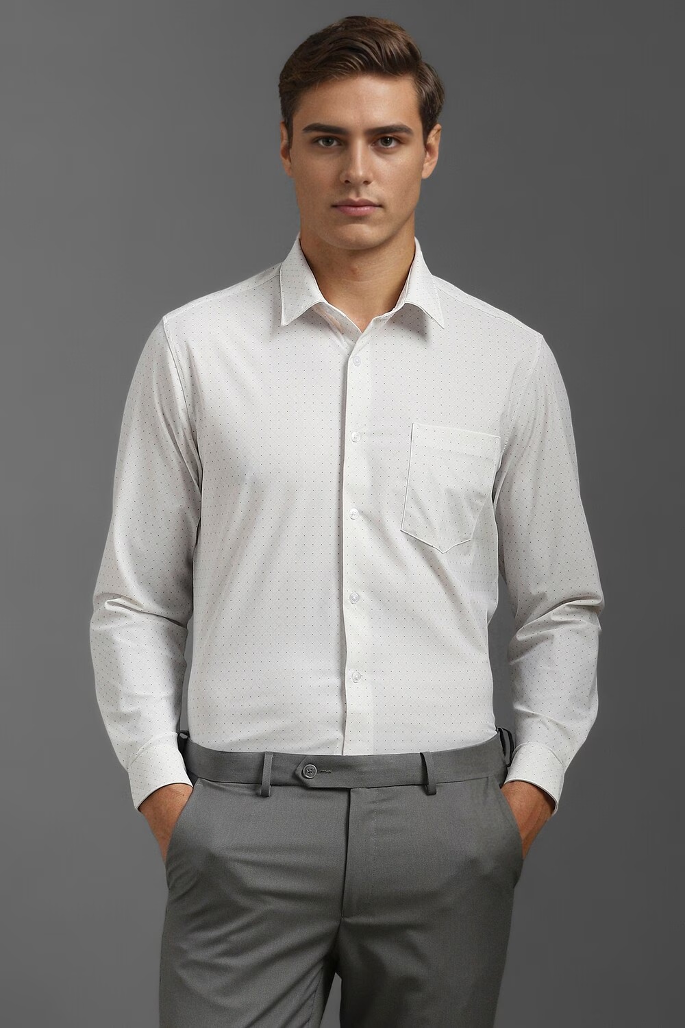 Men White Slim Fit Print Full Sleeves Formal Shirt-White