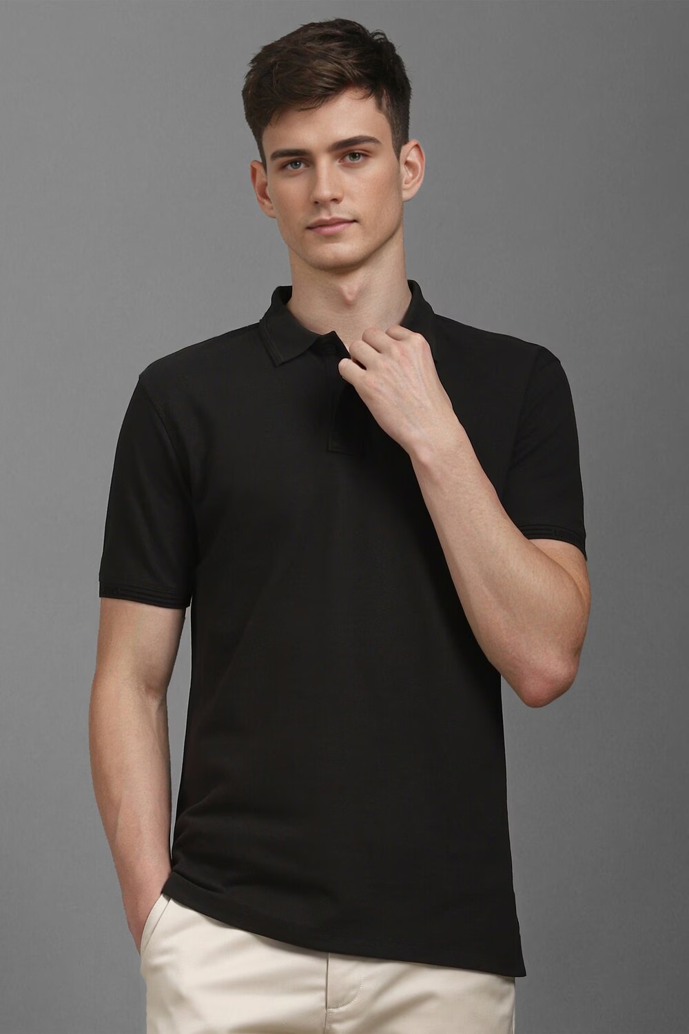 Men Black Textured Polo Neck T-shirt-Black