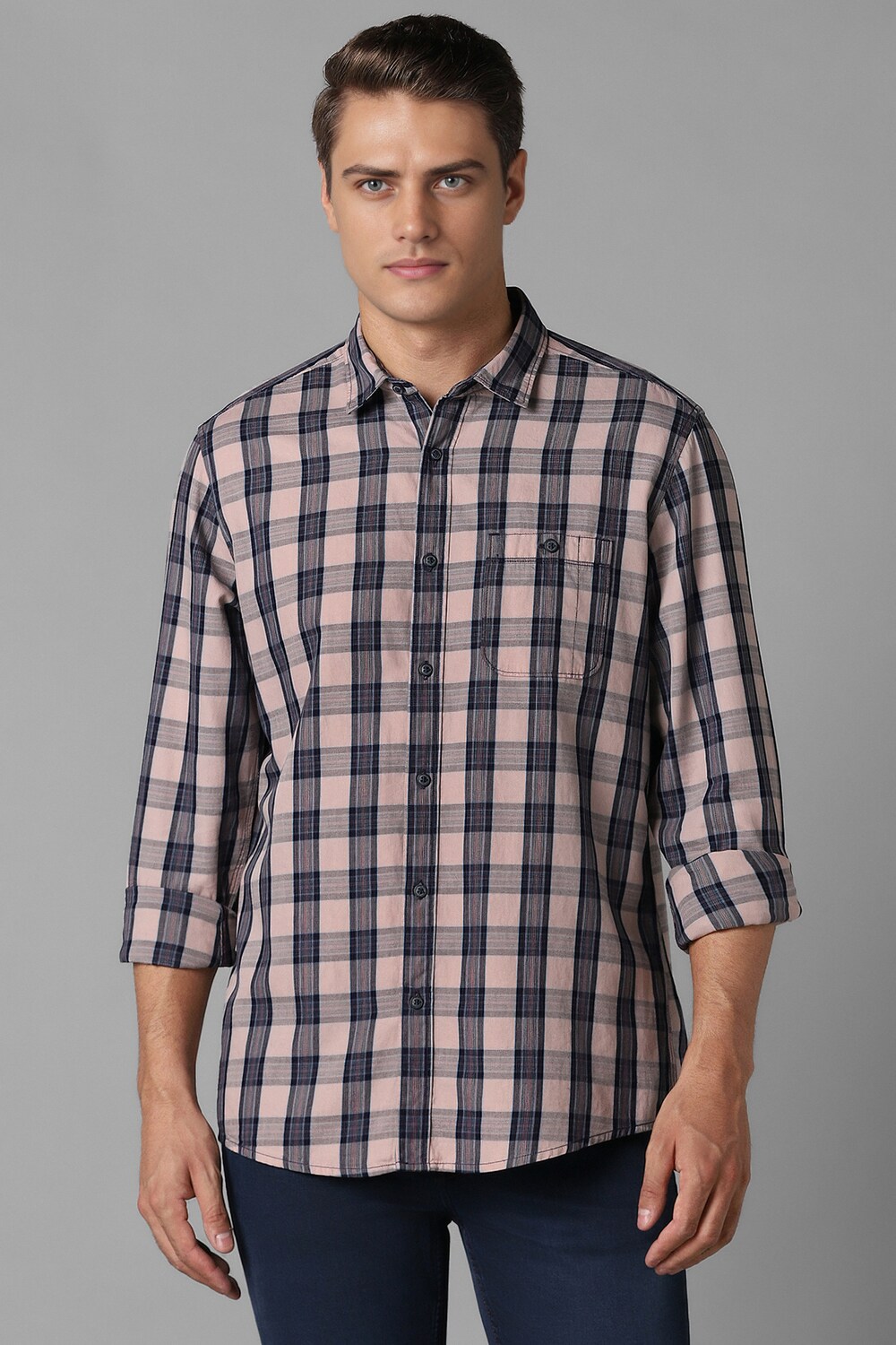Men Peach Slim Fit Check Full Sleeves Casual Shirt-Peach