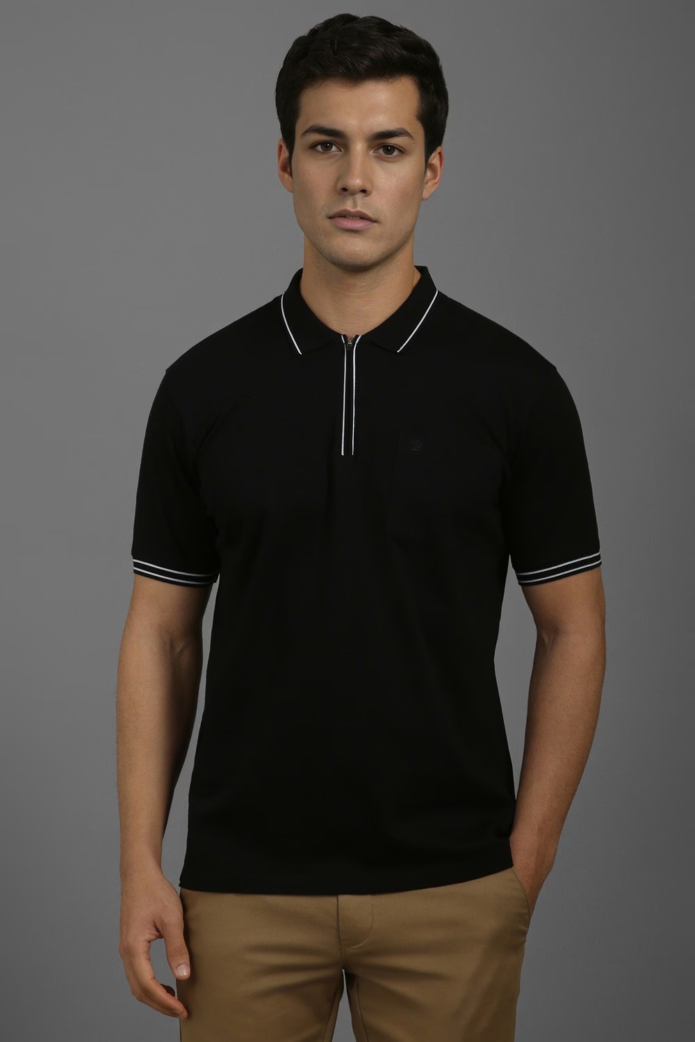 Men Black Solid Polo Neck T-shirt-Black