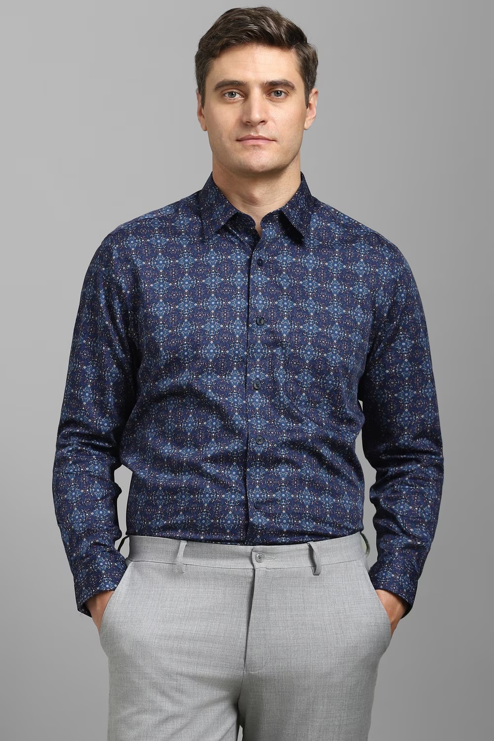 Men Navy Classic Fit Print Full Sleeves Formal Shirt-Navy