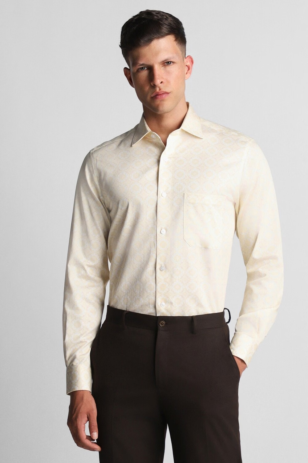 Men Cream Classic Fit Print Full Sleeves Formal Shirt-Cream