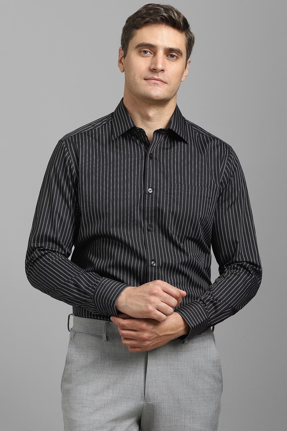 Men Black Stripe Full Sleeves Formal Shirt-Black