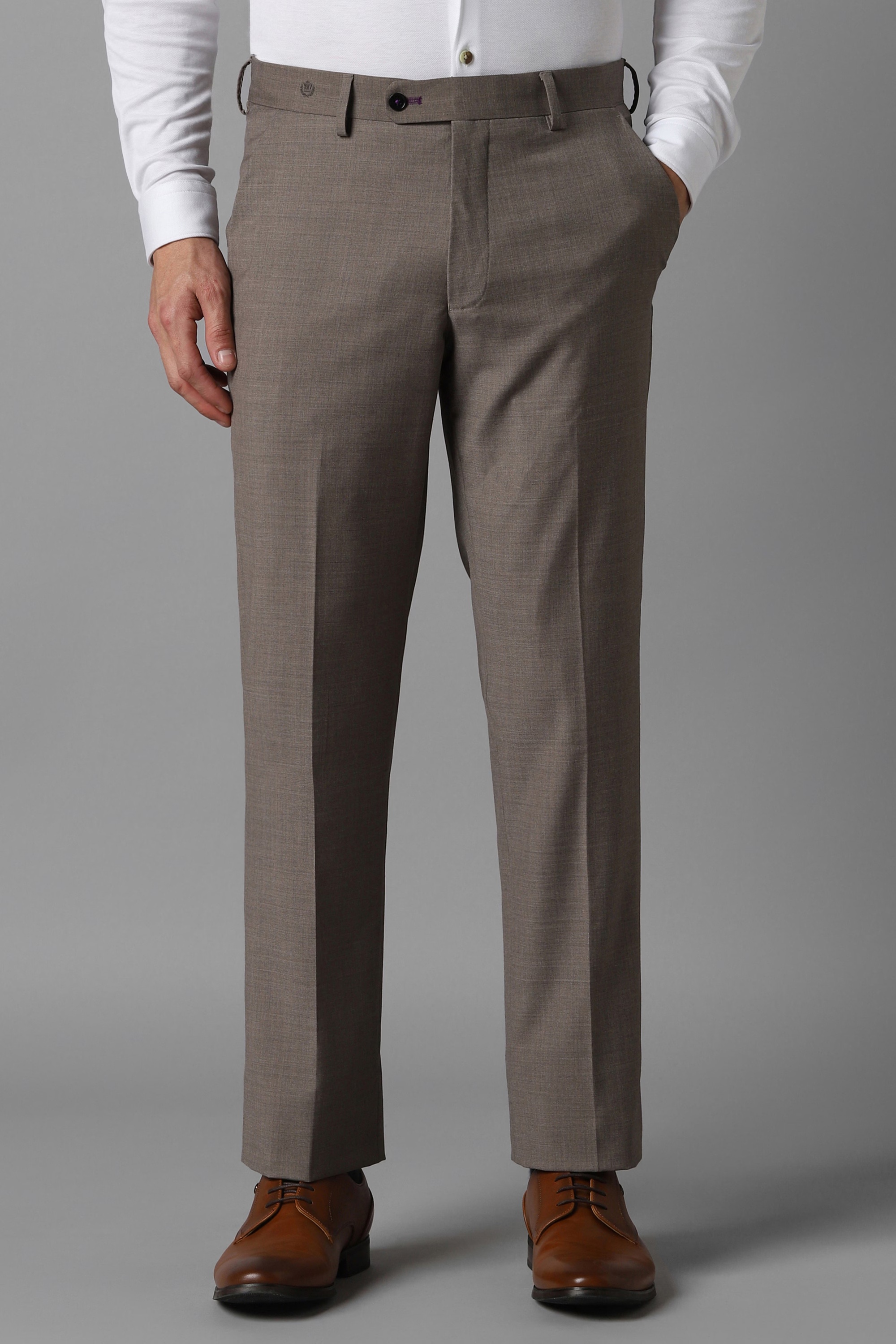 Men Brown Slim Fit Textured Flat Front Formal Trousers-Brown