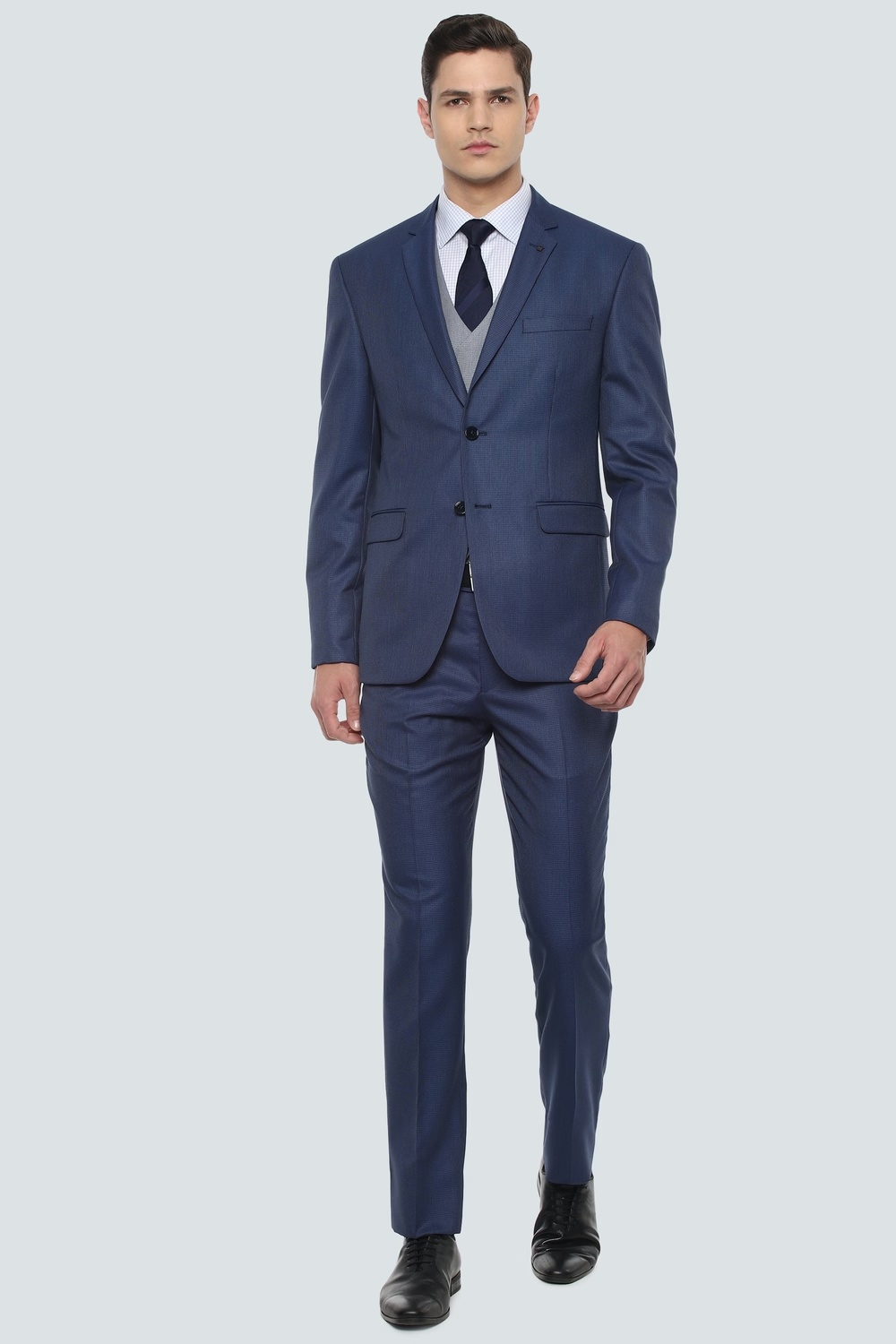 Men Navy Slim Fit Textured Party Three Piece Suit-Navy