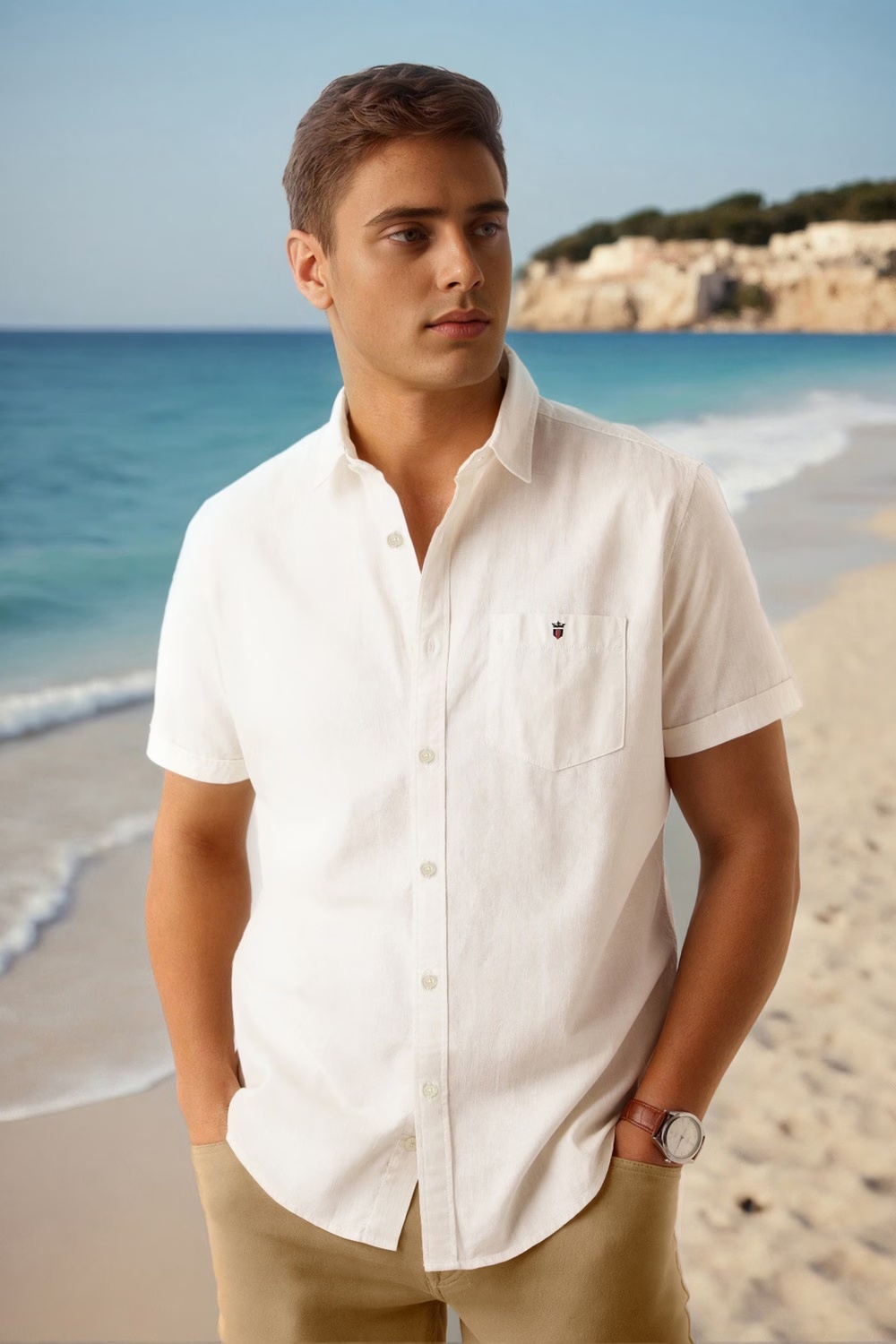 Men Beige Slim Fit Textured Half Sleeves Casual Shirt-Beige