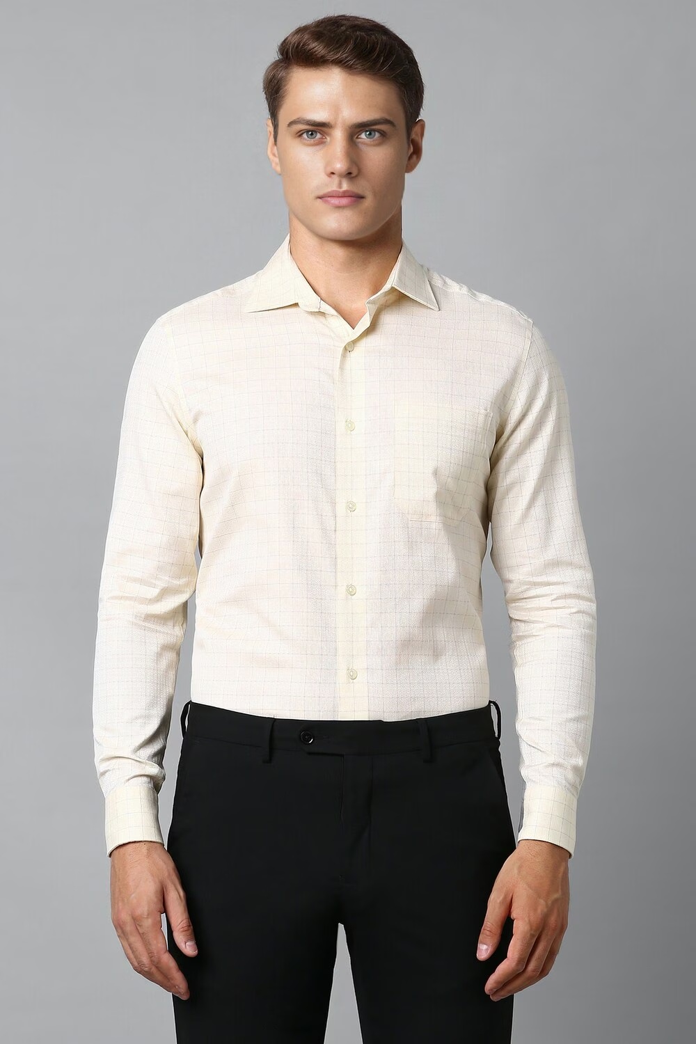 Men Cream Classic Fit Check Full Sleeves Formal Shirt-Cream