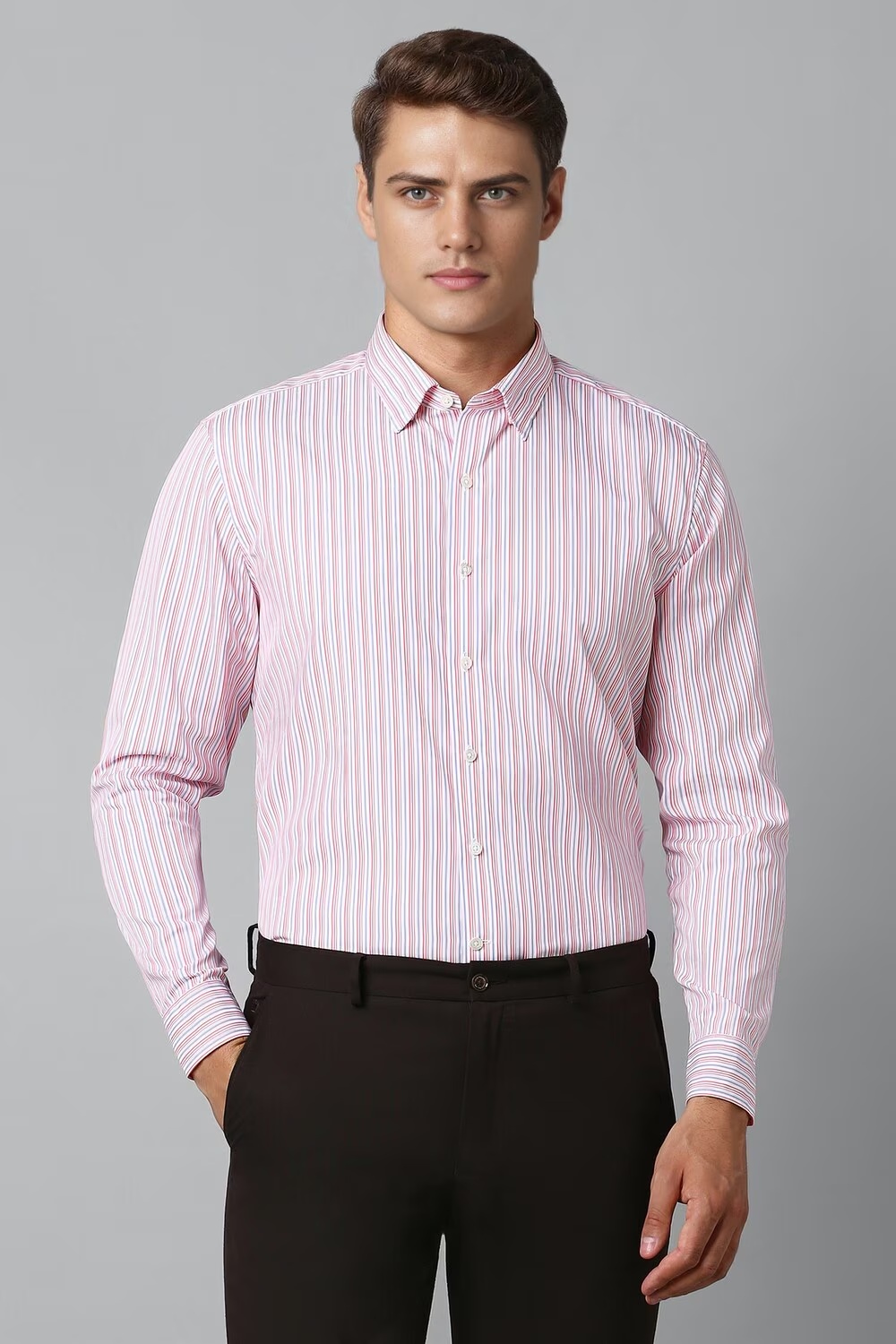 Men Pink Classic Fit Stripe Full Sleeves Formal Shirt-Pink