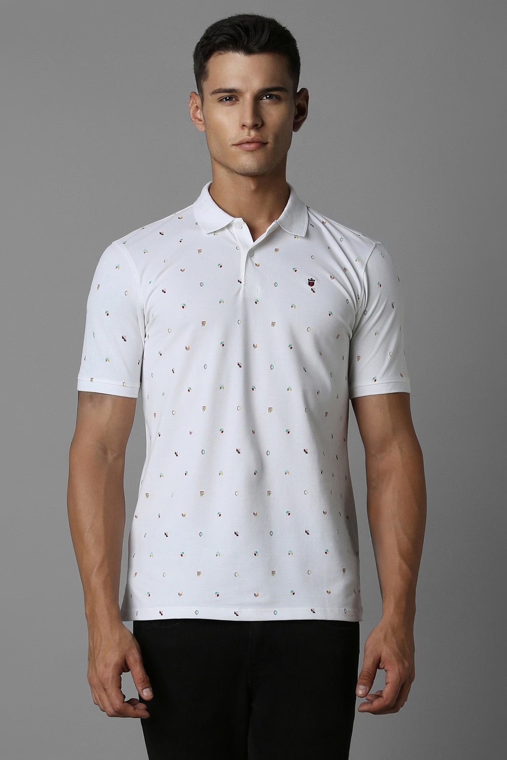 Men White Print Polo Neck T-shirt-White