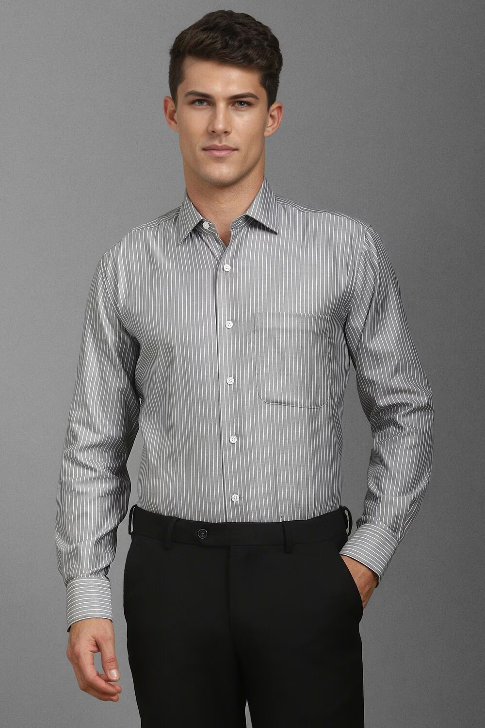 Men Grey Classic Fit Stripe Full Sleeves Formal Shirt-Grey