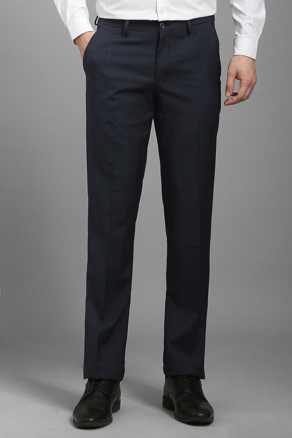 Men Navy Slim Fit Check Flat Front Formal Trousers-Navy