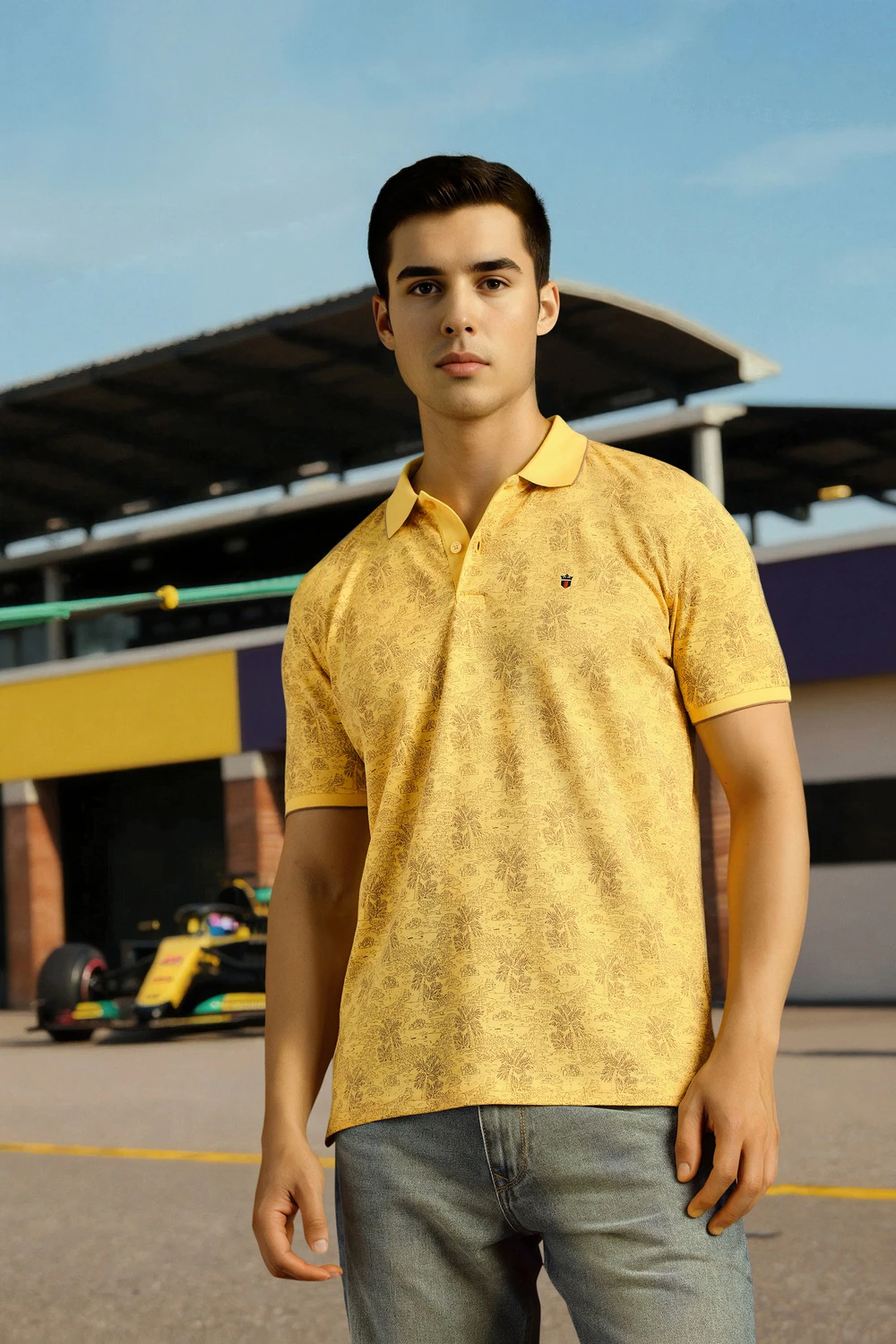 Men Yellow Print Polo Neck T-shirt-Yellow