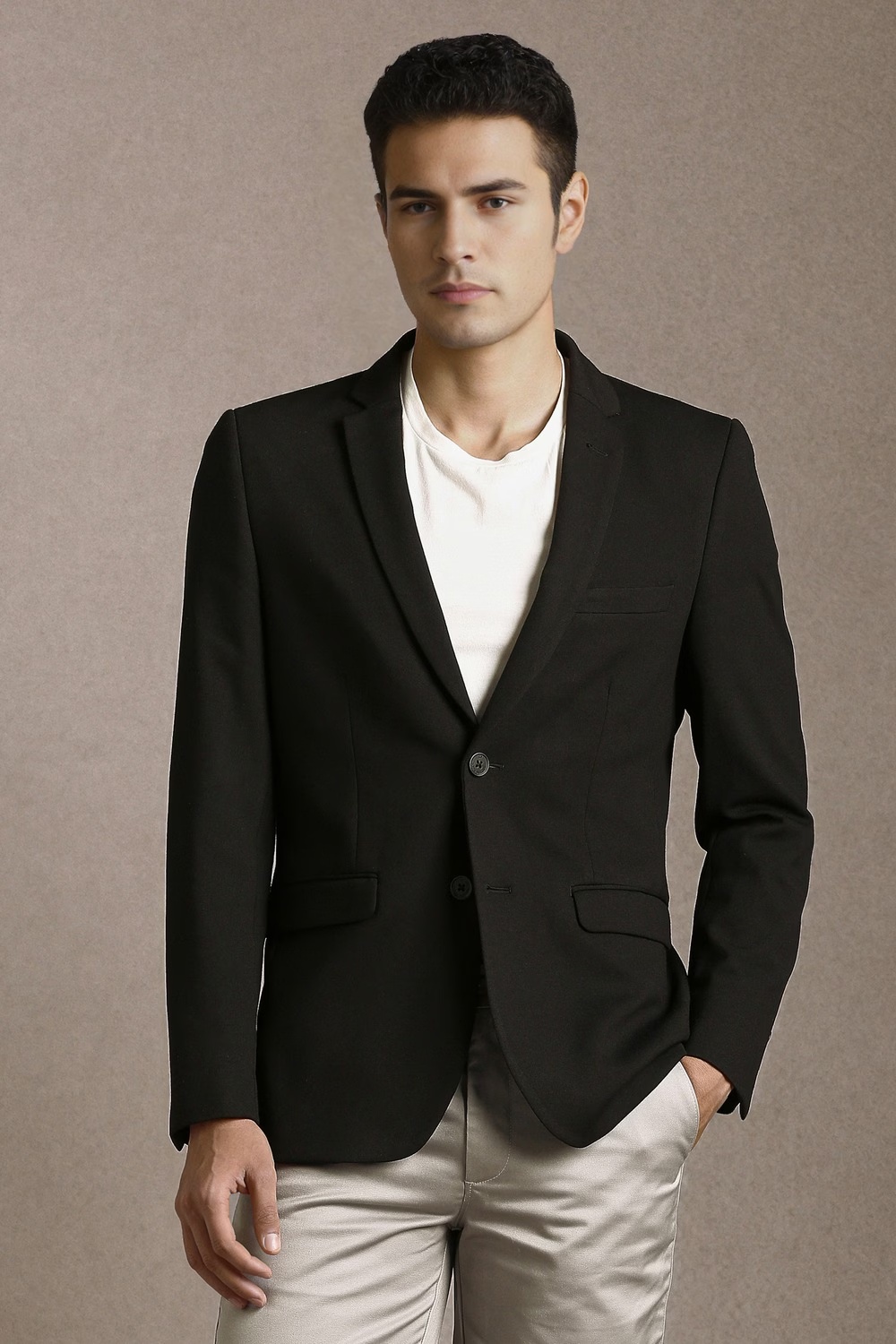 Men Black Solid Casual Blazer-Black