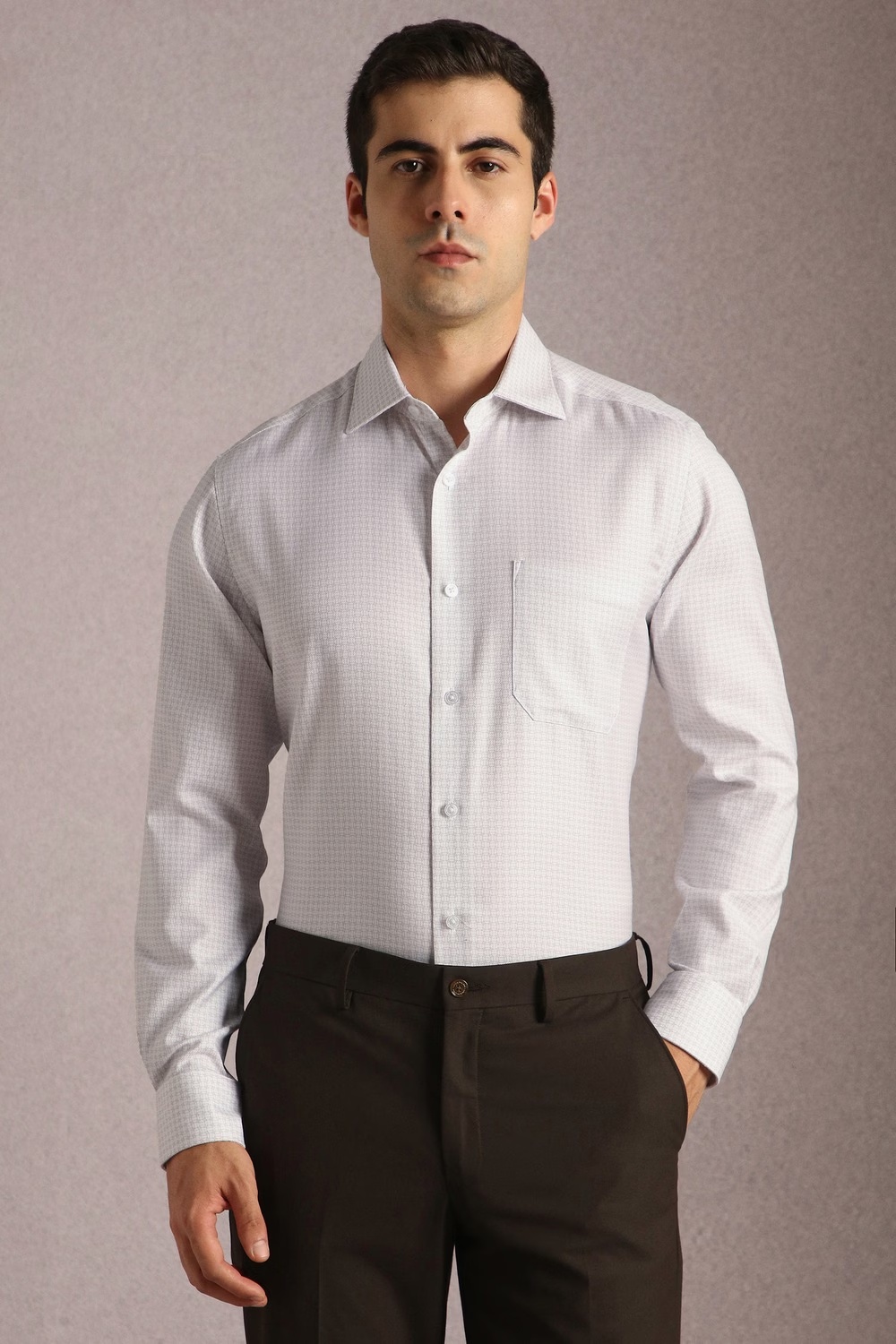 Men White Print Full Sleeves Formal Shirt-White