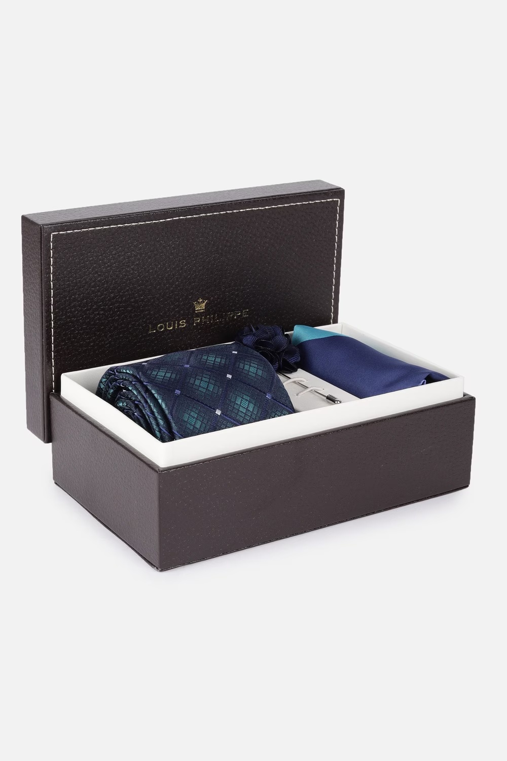 Men Blue Embroidered Tie Pocket Square and Flower-Blue